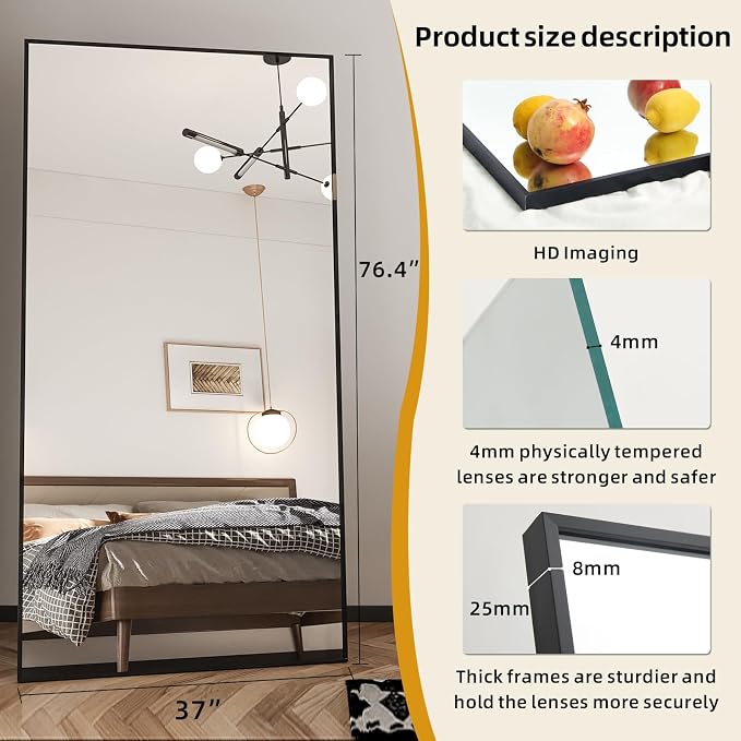 Beauty4U 76" x 37" Full Length Mirror with Stand, Black Large Floor Mirror | Standing, Leaning, or Wall-Mounted Tempered Glass Full Body Mirror with Metal Frame for Bedroom, Closet, Modern Home Decor