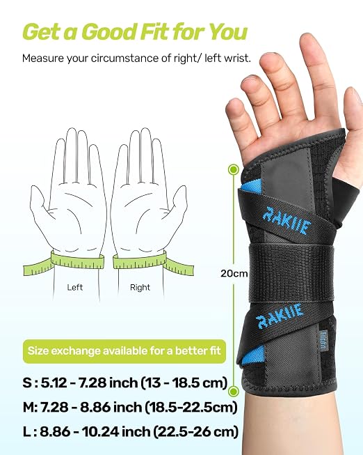 Rakiie Upgraded Carpal Tunnel Wrist Brace, Night Support for Arthritis, Sprain & Tendonitis Pain Relief, Flexible 3-Bar Support, Breathable Fit Hand Splint for Men & Women (Blue, Small, Left Hand)
