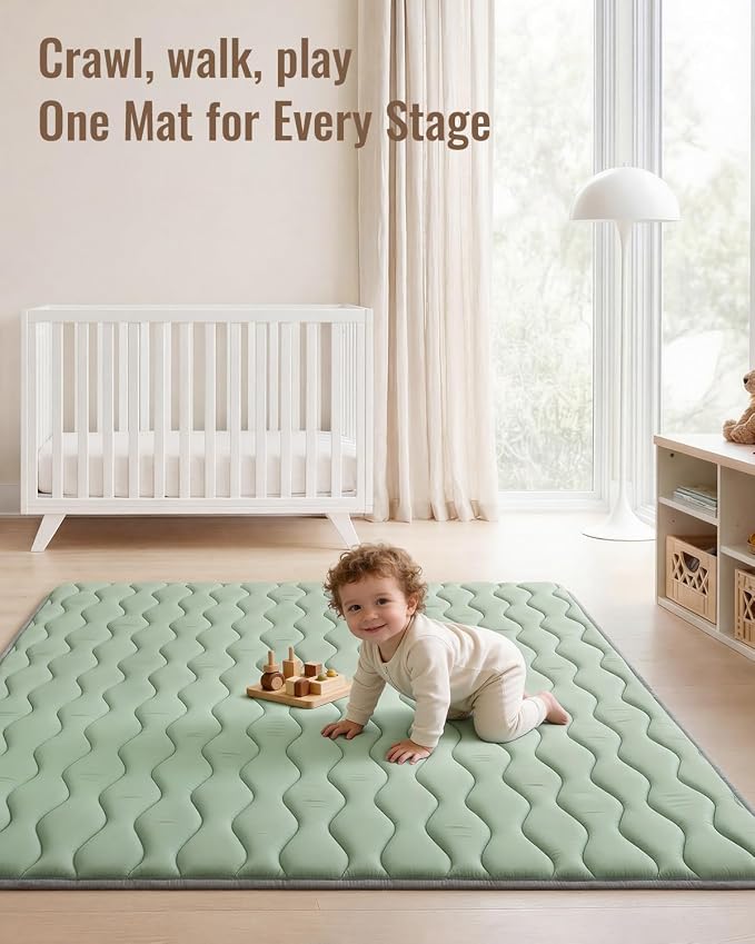 Blissful Diary Baby Play Mats for Floor, 59x59 Inch Thicker and Larger Soft Cushioning Foam Playmats for Babies and Toddlers, Foldable Washable Baby Playpen Mat, Sage Green