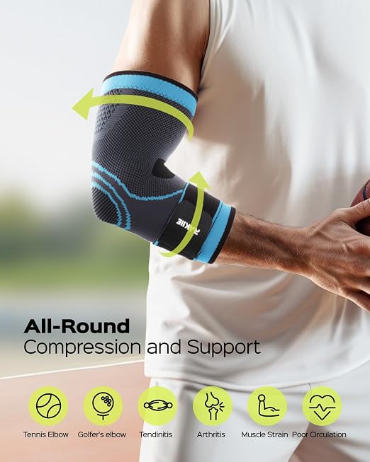 Rakiie Elbow Support Brace for Men and Women, 2 Pack Elbow Compression Sleeve, Elbow Brace for Tendonitis and Tennis Elbow, Elbow Sleeve Reduce Joint Pain for Tennis, Golfer, Workouts Blue (L)