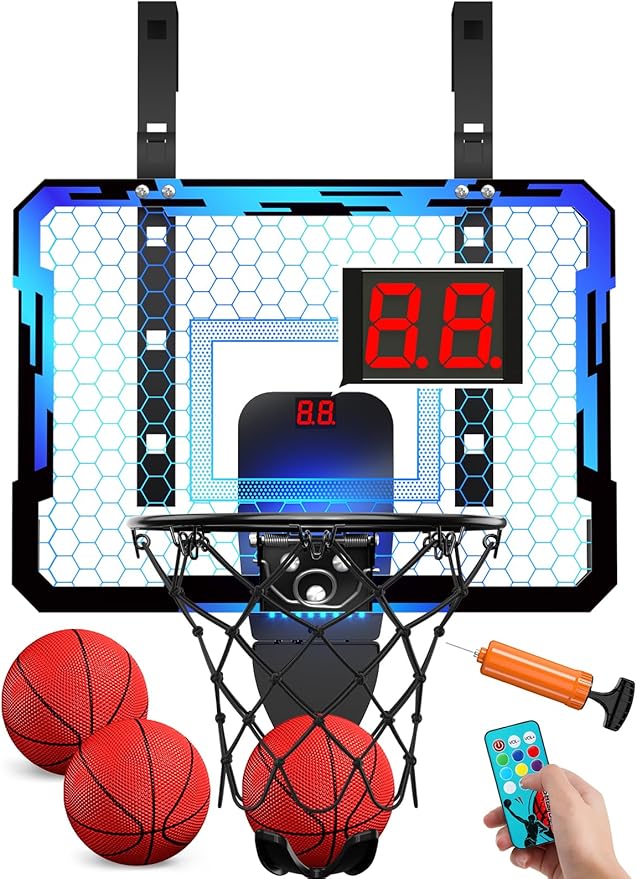 QDRAGON Mini Basketball Hoop with Scoreboard & 7 LED Lighting | Over The Door Indoor, with 3 Balls/Inflator/Breakaway Rim, Basketball Toy Gifts for Kids Adults, Suit for Bedroom/Office