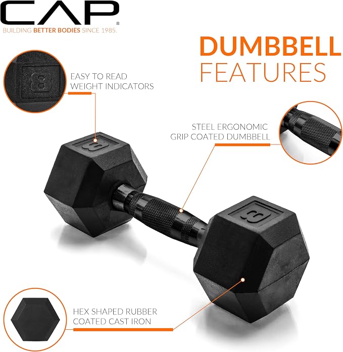 CAP Rubber Coated Dumbbell Weights, Free Weights for Home Gym Strength Training, Anti-Roll Hex Dumbbells with Black, Chrome & Comfort Grip Handles, Pairs & Sets