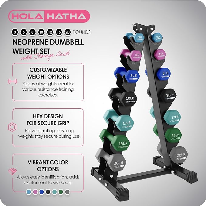 HolaHatha 1, 2 and 3 lb Neoprene Dumbbell Strength Training Weight Set with Rack