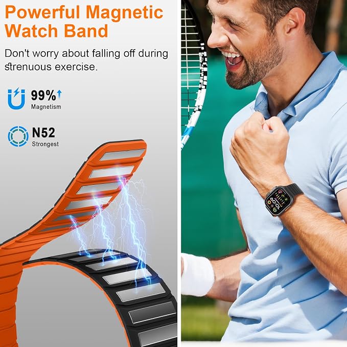 Tasikar Magnetic Bands Compatible with Apple Watch 42mm(Series 11/Series 10) 41mm 40mm 38mm Soft Silicone Replacement Loop Wristband for iWatch SE Series 11 10 9 8 7 6 5 4 3, Black-Orange