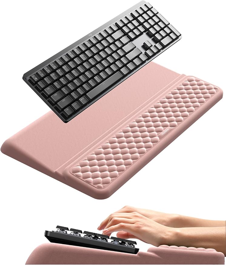 Vaydeer Wrist Rest with Keyboard Stand, Computer Wrist Support Pad, Ergonomic Keyboard Riser Holder Lifter Tray with Wrist Pad, Memory Foam Desk Cushion, Palm Hand Typing for Office Home School-Pink