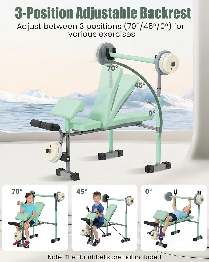 Kids Workout Equipment, Adjustable Kids Workout Bench with Preacher Pad & Leg Developer, Fillable Weight Plates for Home Gym Fitness & Exercise