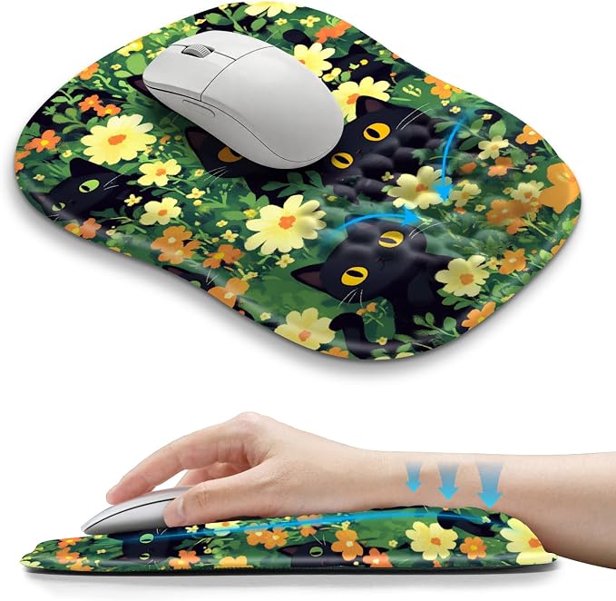Hokafenle Ergonomic Wrist-Hugging Mouse Pad Wrist Support, U-Shaped Holding Wrist Rest Mousepad for Carpal Tunnel Pain Relief with Cushioned Memory Foam Slope Massage Bulge(10.2x8.3 in,Big Eyed Cat)