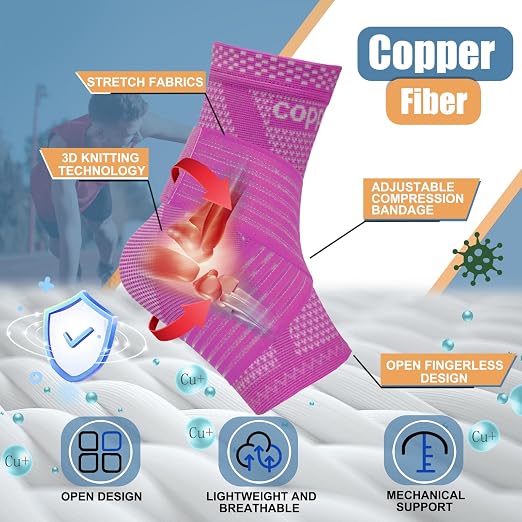 LISEPWU Copper Ankle Brace with Adjustable Compression Bandage, Ankle Support Compression Sleeve for Men & Women, for Foot Pain, Sprained Recovery, Achilles Tendonitis, Sports Protection(Magenta XL)