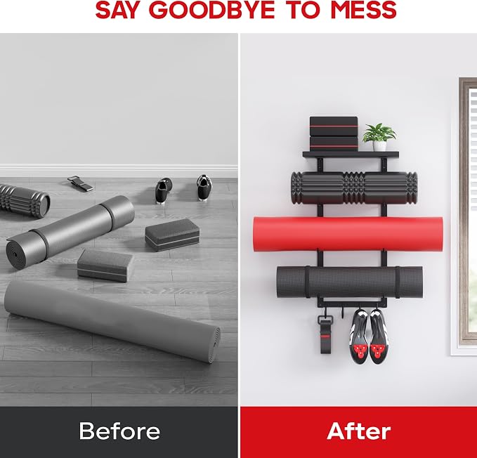 Yoga Mat Holder Wall Mount, Home Gym Storage Rack with Top Floating Shelf | 4-Tiers Fitness Accessories Organizer with Hooks for Foam Roller / Resistance Band / Workout Equipment/ Block / Pilates Strap