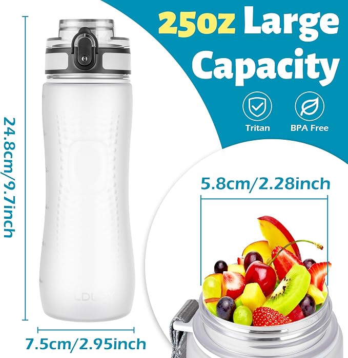 OLDLEY 25 oz Water Bottle, Motivational Water Bottle with Time Marker, Sports Water Bottle With Strap, Leakproof & BPA Free Large Water Bottles for School, Gym, Travel, Outdoor, Tritan,White