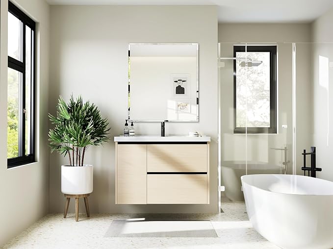 Frameless Bathroom Mirror, 32"x36" Beveled Bathroom Vanity Mirror | Wall Mount Mirrors for Bedroom Entryway Living Room Hangs Horizontally or Vertically