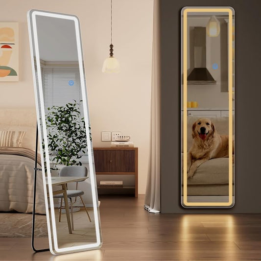 Koonmi Full Length Mirror with LED Lights, 60"x16" Lighted Mirror with Dimming & 3 Color Lighting, Big Mirror for Bedroom, Dressing Room, Rectangle,White