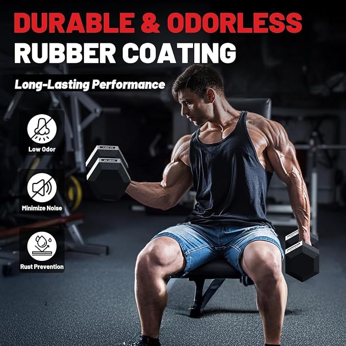 PAPABABE Dumbbell Set with Rack Dumbbells Rubber Encased Home Gym | PAPABABE Complete & Durable Cast Iron Core Odorless PVC Antiroll Hex Shape Ergonomic Chrome Handle Versatile Home Gym