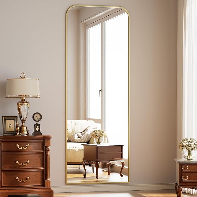 Full Length Mirror 64"x21" Arched Floor Standing Large Mirrors | Full Body Mirror with Stand - with Aluminum Frame for Bedroom Living Room, Gold