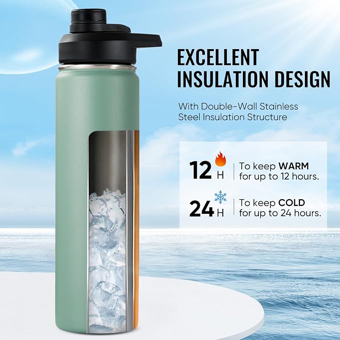 Fijinhom Insulated Water Bottle with Handle, 304 Stainless Steel Water Bottles with Wide Mouth, Double Wall Vacuum Sports Water Bottle, BPA Free, Keep Cold and Hot, 24 Ounces, Forest Green