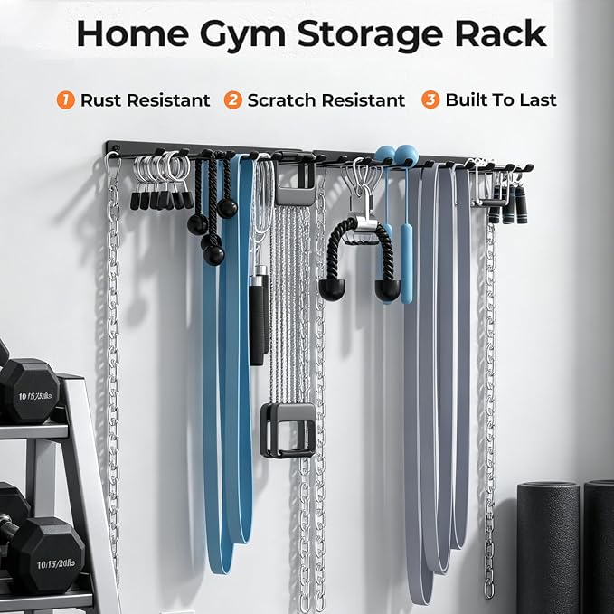 Home Gym Accessories Storage Wall Rack with Sturdy Hooks, Carabiner Clips | Heavy Duty Home Gym Equipment Storage Rack Wall Mount for Resistance Bands, Cable Attachments,Lifting Belts,Jump Ropes,Chains