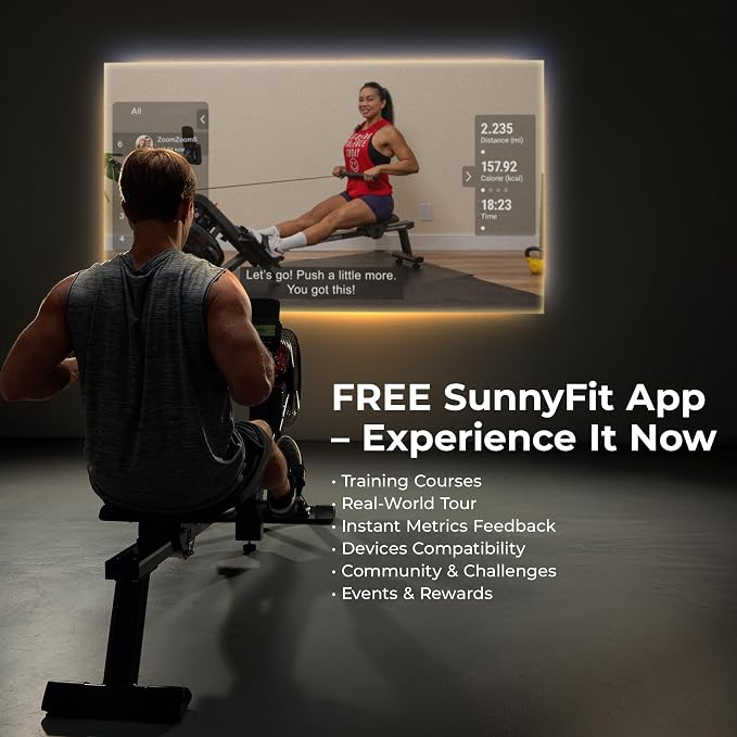 Sunny Health & Fitness Air Rowing Machine, Space-Saving Rower with Long Rail and Upright Storage for Home Gym, Full-Body Cardio Workout, Free SunnyFit Training App