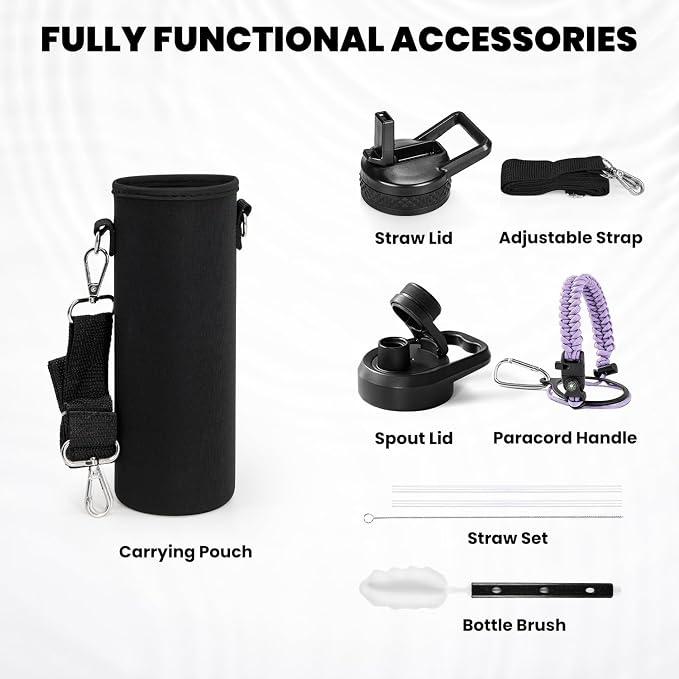 RAYMYLO Insulated Water Bottle 24 oz, Triple Wall Vacuum Stainless Steel | (Cold for 24Hrs, Hot for 12Hrs), Leak Proof & Non-BPA, Modern Water Flask Jug with Paracord Handle & Straw Spout Lids
