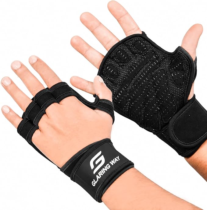 Gym Workout Gloves for Women and Men | Silicone grip fingerless, open back vents, neoprene, non-slip, palm, thumb protection for cross training, pull ups, cycling