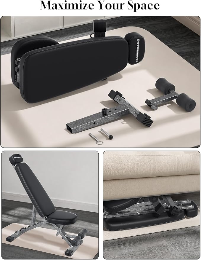 Fitness Bench, Adjustable, Comfortable, Fashionable, Foldable and Extended Headrest with 192 Positions Incline Decline 900LBS Home Gym Bench for Strength Training