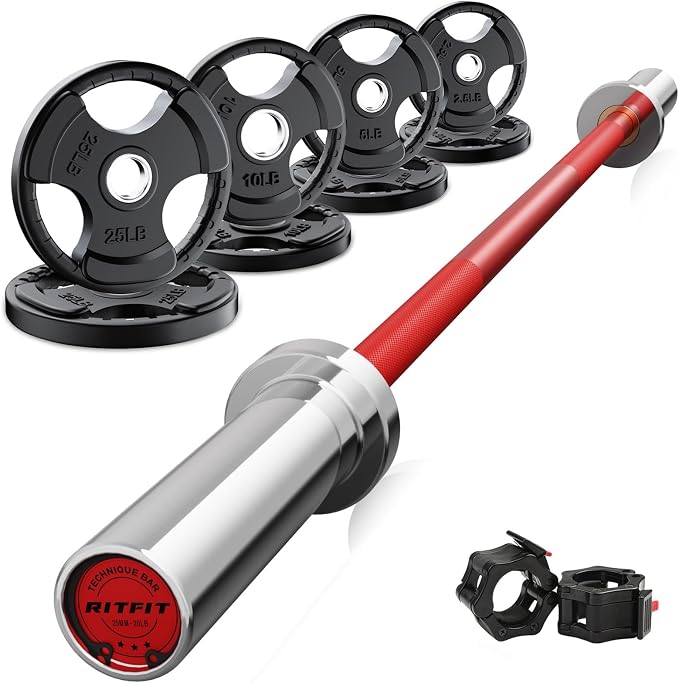 RitFit Barbell Weight Set - 4/6FT Olympic Barbell with Weight Plates (55-115LB Total) - Weightlifting Equipment for Squats, Curls, Deadlifts, Presses, Hip Thrusts