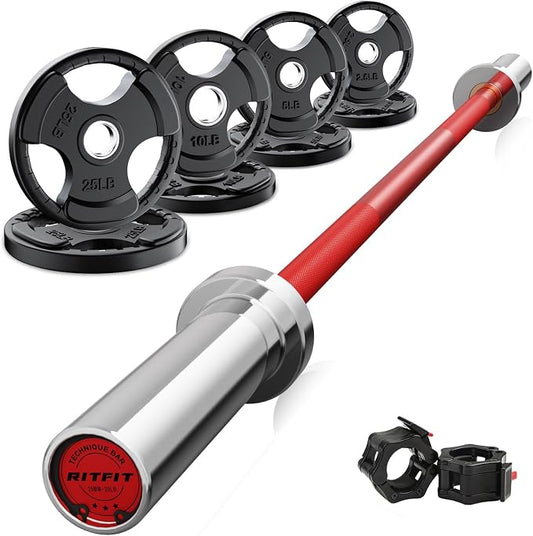RitFit Barbell Weight Set - 4/6FT Olympic Barbell with Weight Plates (55-115LB Total) - Weightlifting Equipment for Squats, Curls, Deadlifts, Presses, Hip Thrusts