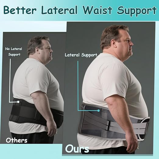 King Mills Plus Size Back Brace for Lower Back Pain, Belly: 52"-60" | Breathable Obese Belly Support, For Sciatica, Scoliosis, Two Sets of Support Bars, Lightweight