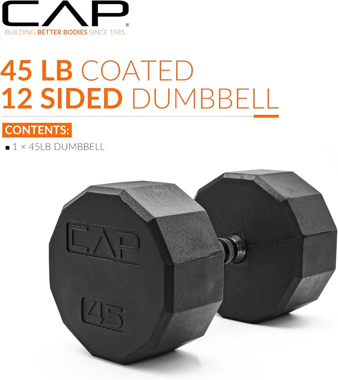 CAP Rubber Coated Dumbbell Weights, Free Weights for Home Gym Strength Training, Anti-Roll Hex Dumbbells with Black, Chrome & Comfort Grip Handles, Singles