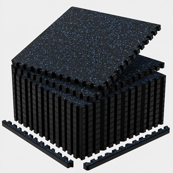 1'' Thick 96 Sq Ft Protective Gym Flooring for Home Gym, 24 Tiles Extra-Thick Rubber Top with High Density EVA Foam, Interlocking Exercise Equipment Mats, Heavy Weight Workout, Black & Blue