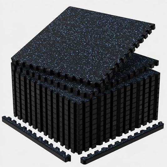 1'' Thick 48 Sq Ft Protective Gym Flooring for Home Gym, 12 Tiles Extra-Thick Rubber Top with High Density EVA Foam, Interlocking Exercise Equipment Mats, Heavy Weight Workout, Black & Blue