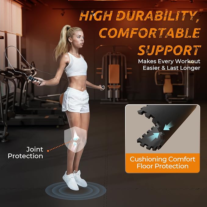 PRAISUN 0.6" Thicker Rubber Top Gym Flooring for Home Gym, 24 Pcs 96 Sq Ft Workout Mats, Exercise Mat, Interlocking Rubber Floor Mats with High Density EVA Foam for Garage, 24 x 24in, Black