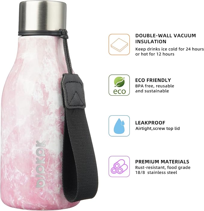 BJPKPK 12oz Insulated Water Bottle, Stainless Steel Bottle with Carry Strap | Keep Cold & Hot Vacuum Insulation, Leak-Proof BPA-Free Design, Slim Bottle Fits Most Cup Holders for Gym, Office & Travel
