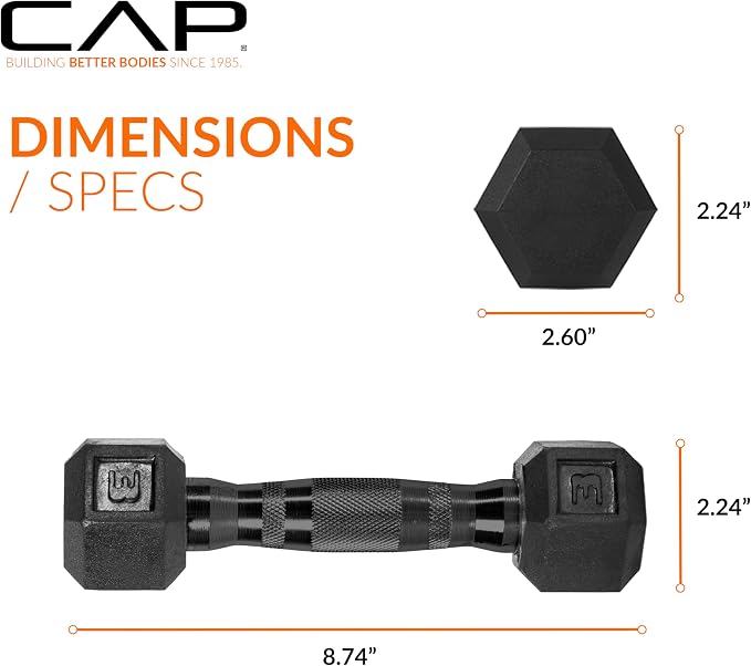 CAP Rubber Coated Dumbbell Weights, Free Weights for Home Gym Strength Training, Anti-Roll Hex Dumbbells with Black, Chrome & Comfort Grip Handles, Pairs & Sets