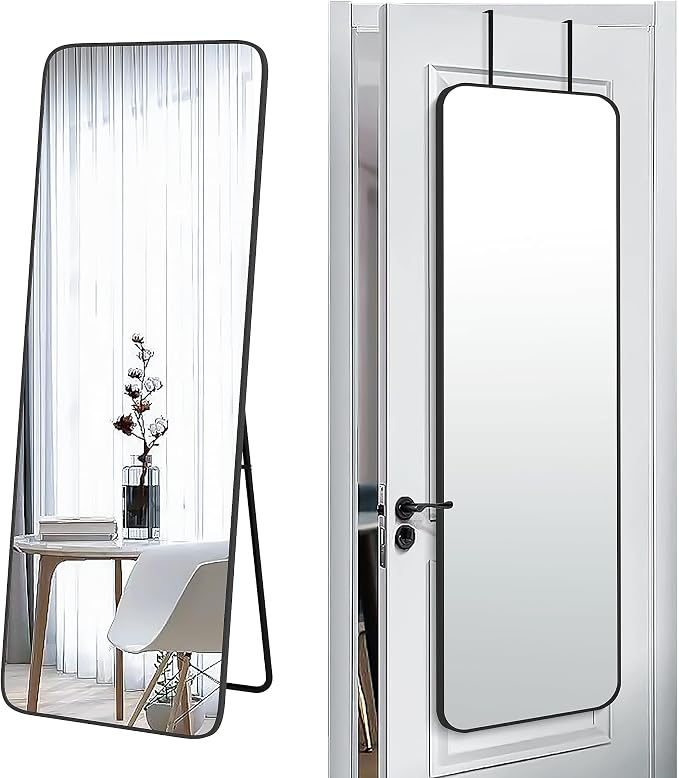 SCWF-GZ 57x20 Full Length Mirror Over The Door Hanging, Floor Stand/Wall Mounted Aluminum Alloy Frame Dressing Mirror for Bedroom Living Room 57 inch Black