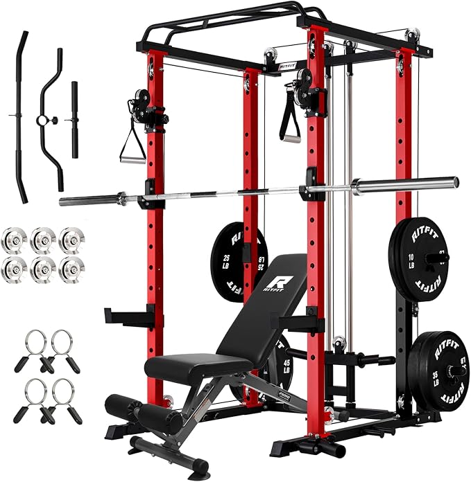 RitFit PPC-P3 Power Cage with Cable Crossover System, 1200LB Capacity | LAT Pulldown & Cable Crossover System with Bumper Plate Set, Olympic Barbell, Bench