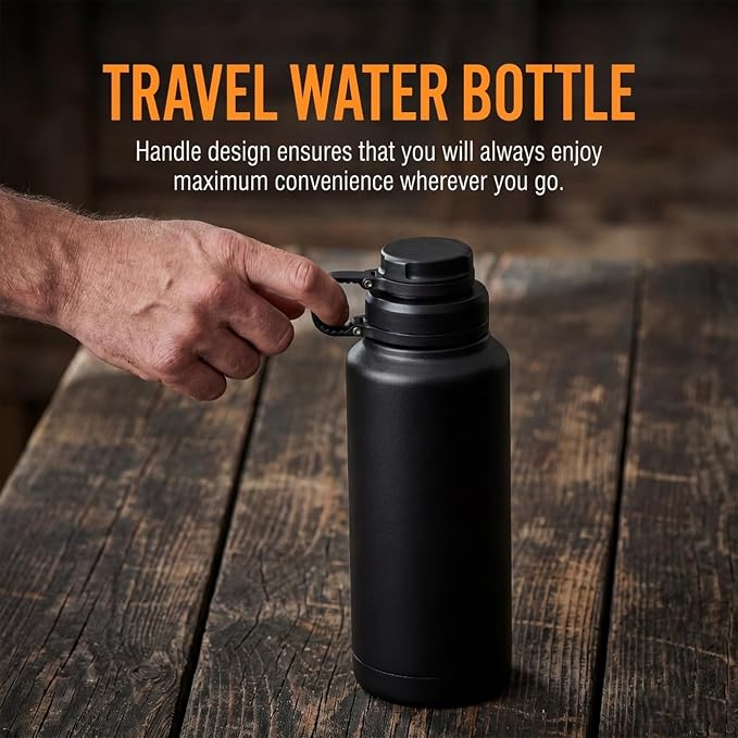 32 oz Metal Stainless Steel Insulated Water Bottle | Sports Black Water Bottle Leak Proof with Spout Lid & Handle Lids,Keep Cold for 24 Hrs Hot for 12 Hrs,For Gym,Men,