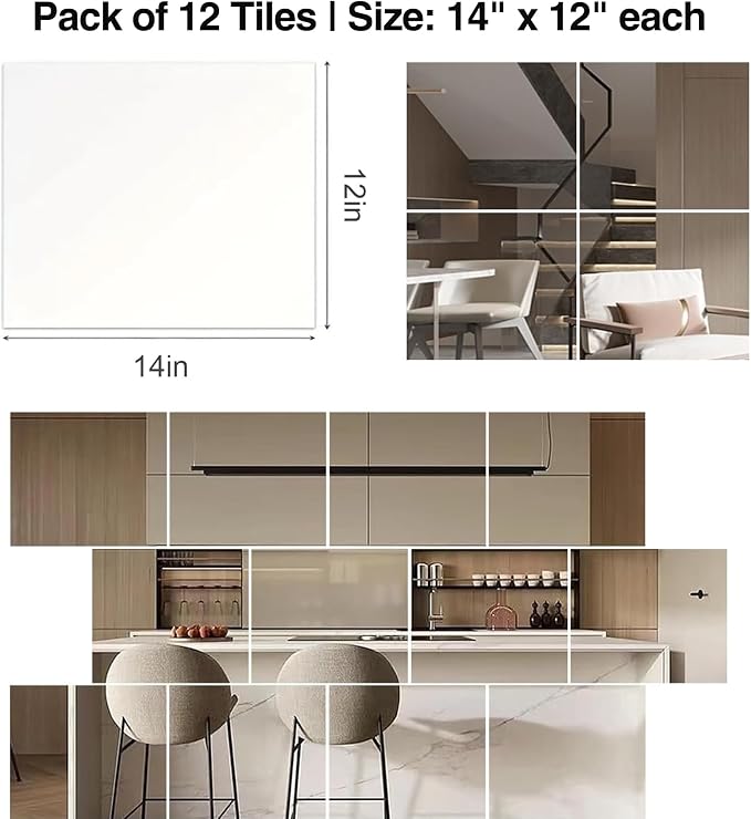 Full Length Wall Mirror Tiles - 12 PCS, 14x12 Inch Frameless Mirrors for Bedroom, Home Gym, Bathroom, Door – Shatterproof Mirror Tiles