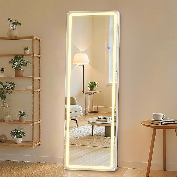 NEWBULIG 64"x21" LED Full Length Mirror, Full Body Standing Mirror, White | Leaning or Standing, Tempered Glass, Aluminum Alloy Thin Frame Floor Stand for Bedroom, Cloakroom