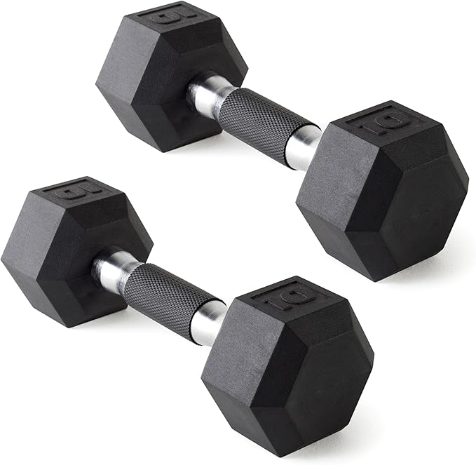 CAP Rubber Coated Dumbbell Weights, Free Weights for Home Gym Strength Training, Anti-Roll Hex Dumbbells with Black, Chrome & Comfort Grip Handles, Pairs & Sets