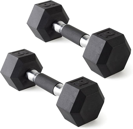 CAP Rubber Coated Dumbbell Weights, Free Weights for Home Gym Strength Training, Anti-Roll Hex Dumbbells with Black, Chrome & Comfort Grip Handles, Pairs & Sets