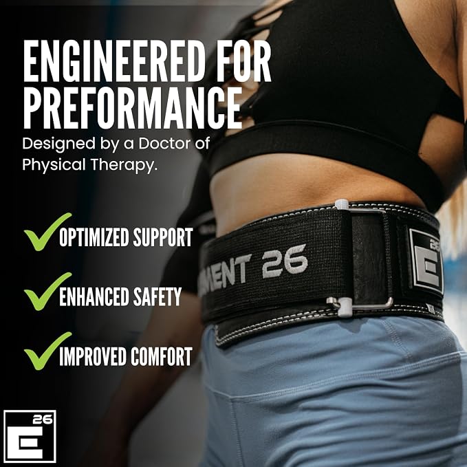 Element 26 Hybrid Leather Weight Lifting Belt | 4” Real Leather Back Support for Gym, Powerlifting, Body Building, Men, Women, Deadlift, Squat, Self Locking, Competition