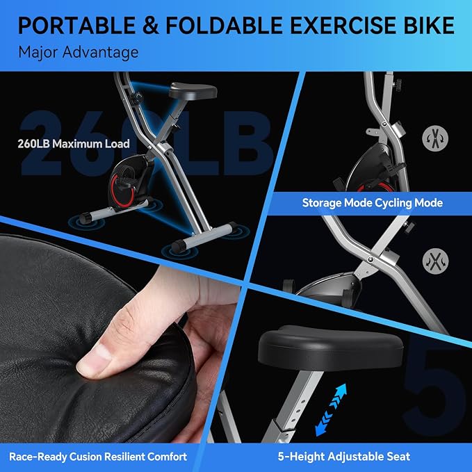 Lightweight 33LB Foldable Exercise Bike for Small Apartments, Stationary Bikes for Home Workout, Indoor Portable Cycling Bike with 16-Level Magnetic Resistance, 260LBS Capacity, 5.5 LBS Flywheel