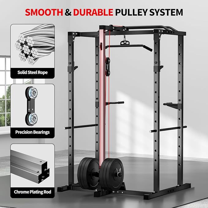 JEEKEE Power Rack with LAT Pulldown, 2000LBS Power Cage with Cable System, Multi-Function Squat Rack with J-Hooks, Safety Bars, Landmine, Pull Up Bar & Attachments for Home Gym Strength Training,Black