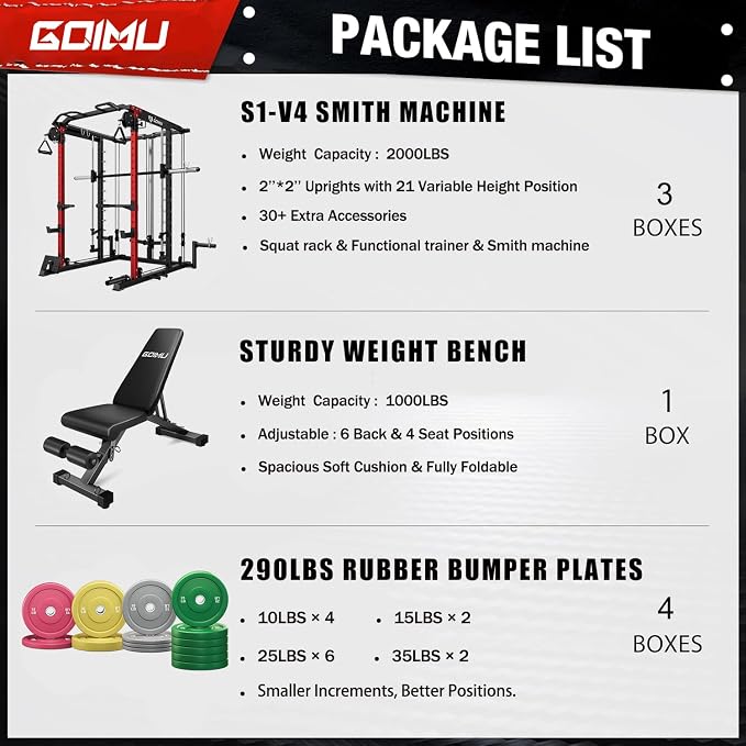 S1-V4 Smith Machine, 2000LBS Power Cage with Cable Crossover System, All-in-One Squat Rack with Smith Bar, Strength Training Equipment for Home Gym