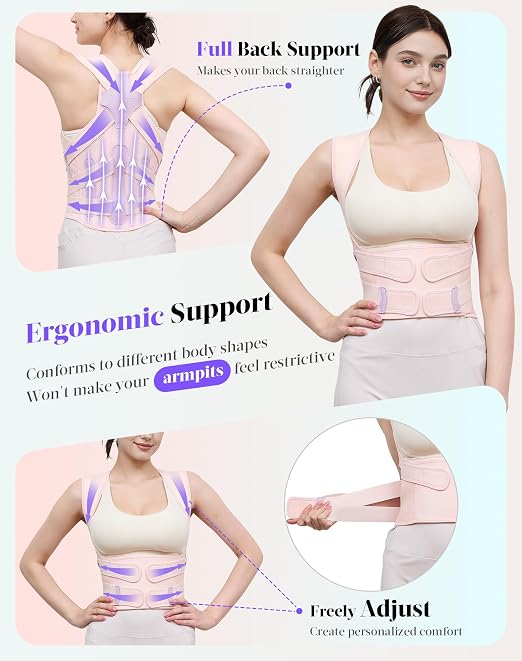 Posture Corrector for Women and Men, Full Back Support Brace, Adjustable Shoulder Straightener, Improving Posture, Relief Upper and Lower Back, Neck Pain, Pink, Small