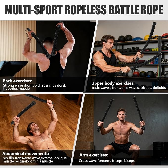 2PCS Weighted Ropeless Battle Rope, Professional Portable Durable Exercise Rope Cordless for HIIT Workouts, Cardio & Muscle Training, Low-Impact Cardio Training, Home Gym Equipment