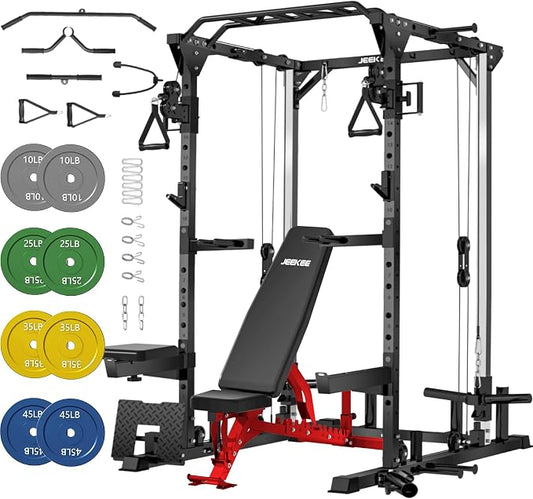 JEEKEE Power Cage with Cable Crossover System, 2000LB Multi-Function Power Rack with Independent Dual Pulleys, LAT Pulldown Seat Cushion, 20+ Attachments Squat Rack for Home Gym Workout,Black