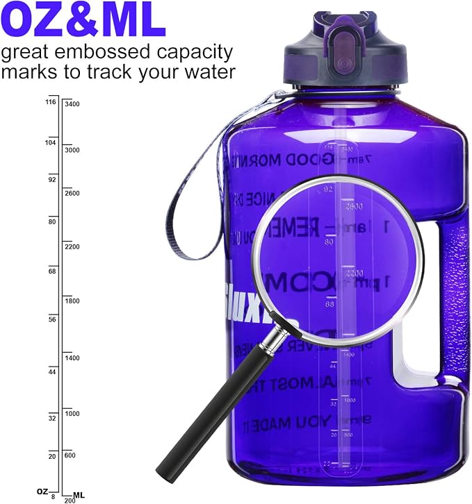 SLUXKE 1 Gallon Motivational Sports Water Bottle with Time Marker, BPA Free 128oz Leak Proof Jug, Black, Plastic, 128 ounces, Fitness, Sports, Outdoor Activities