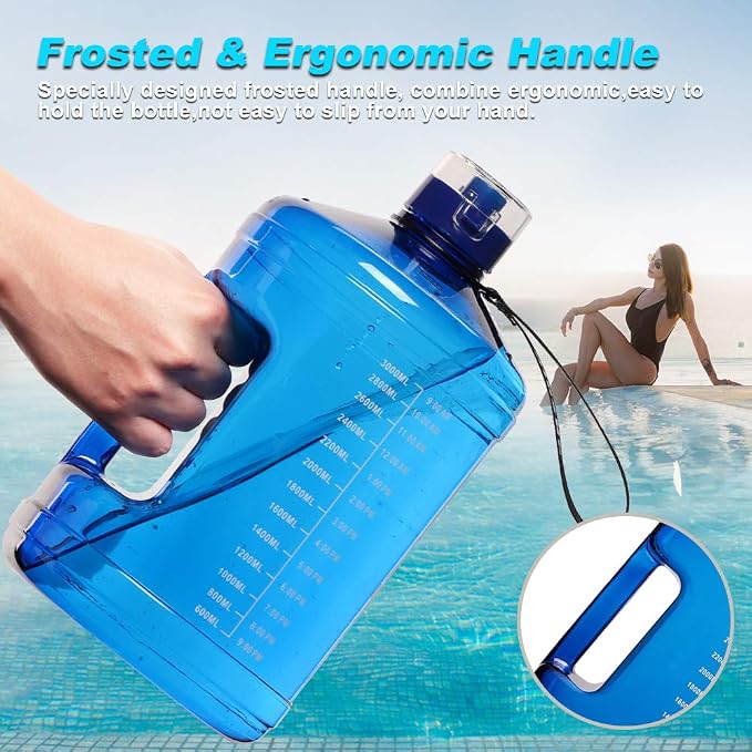 SLUXKE Gallon Big Water Bottle with Handle, 128oz Leakproof BPA Free Fitness Sports Water Bottle with Motivational Time Marker & Wide Mouth Ensure You Drink More Water