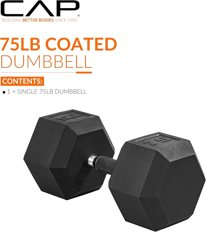 CAP Rubber Coated Dumbbell Weights, Free Weights for Home Gym Strength Training, Anti-Roll Hex Dumbbells with Black, Chrome & Comfort Grip Handles, Singles